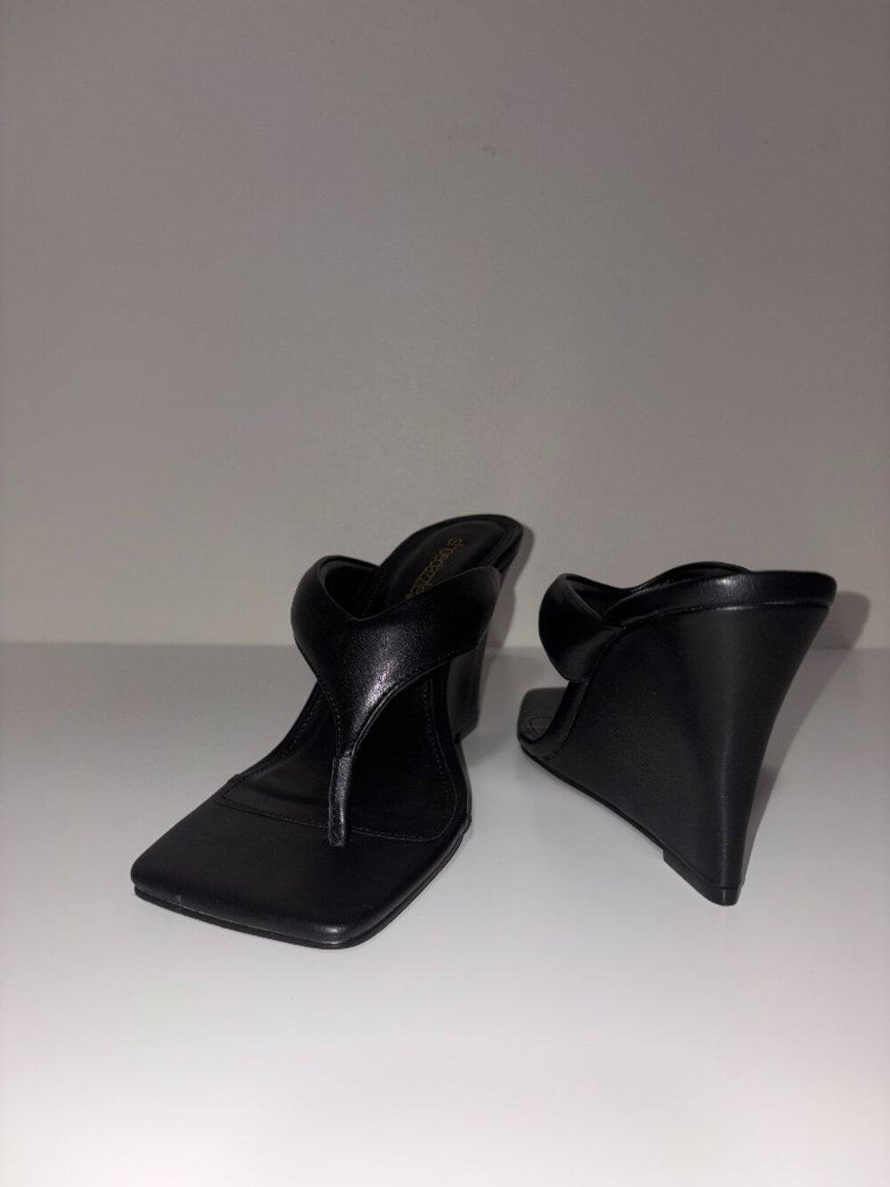 Black Square Toe Thong Wedge Heel Sandal